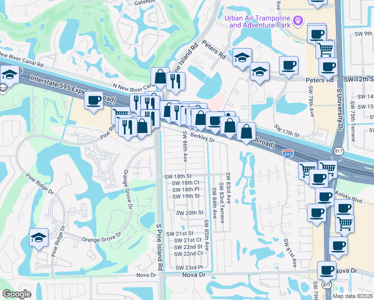 map of restaurants, bars, coffee shops, grocery stores, and more near 8581 Southwest 16th Court in Davie