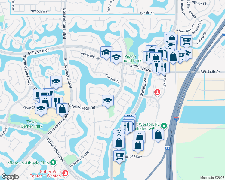 map of restaurants, bars, coffee shops, grocery stores, and more near 1584 Eastlake Way in Weston