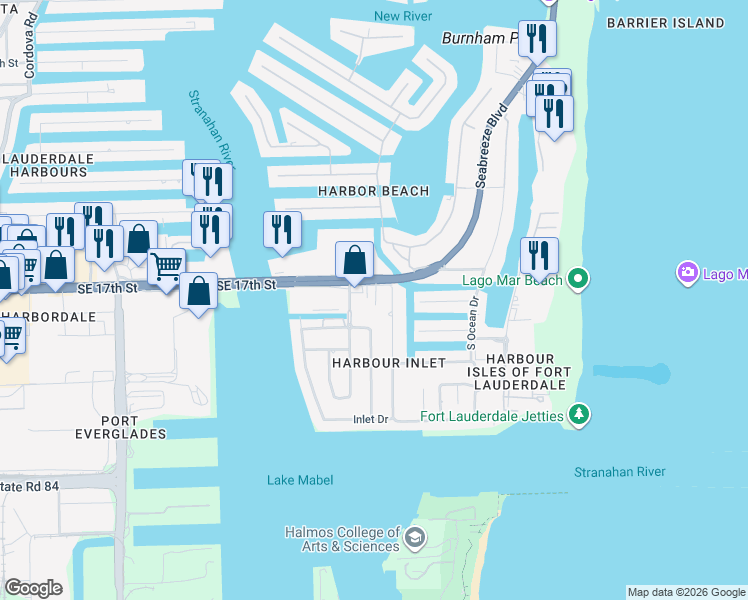map of restaurants, bars, coffee shops, grocery stores, and more near 2424 Southeast 17th Street in Fort Lauderdale