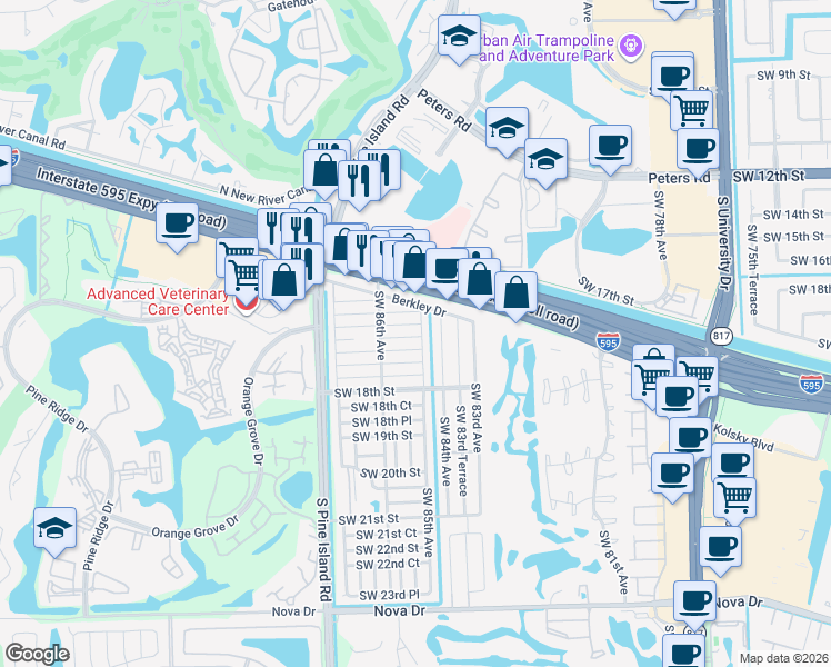 map of restaurants, bars, coffee shops, grocery stores, and more near 8501 Southwest 16th Court in Davie