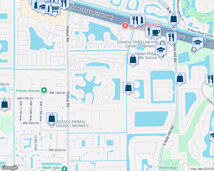 map of restaurants, bars, coffee shops, grocery stores, and more near 1576 Southwest 108th Terrace in Davie