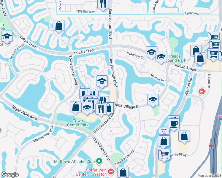 map of restaurants, bars, coffee shops, grocery stores, and more near 1570 Sagemont Way in Weston