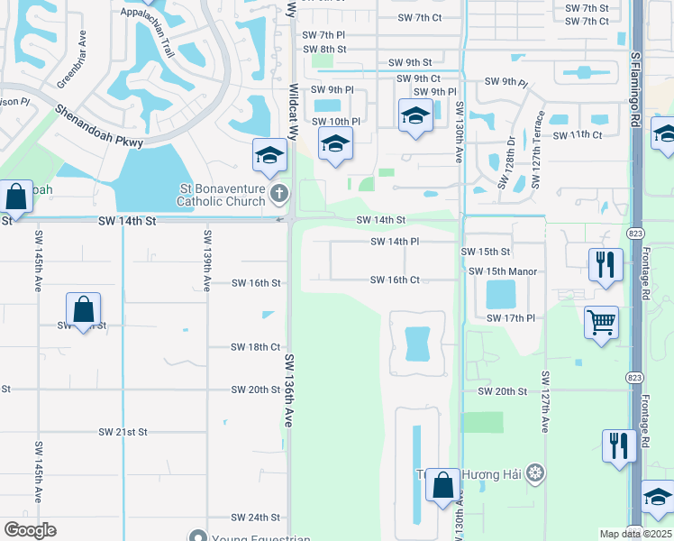 map of restaurants, bars, coffee shops, grocery stores, and more near 13411 Southwest 16th Court in Davie