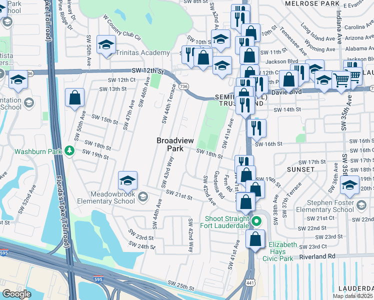 map of restaurants, bars, coffee shops, grocery stores, and more near 1801 Southwest 43rd Avenue in Fort Lauderdale