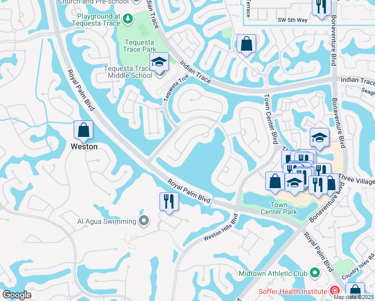 map of restaurants, bars, coffee shops, grocery stores, and more near 1472 Lantana Drive in Weston