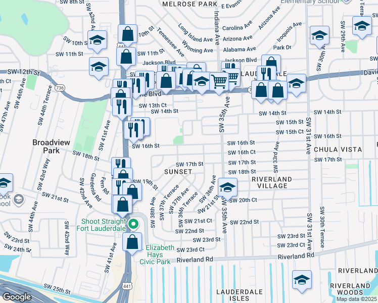 map of restaurants, bars, coffee shops, grocery stores, and more near 3681 Southwest 16th Court in Fort Lauderdale