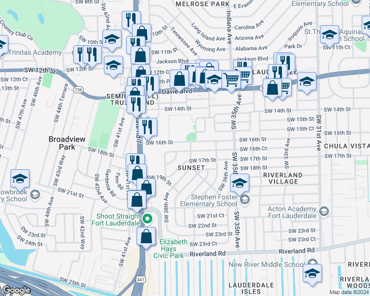 map of restaurants, bars, coffee shops, grocery stores, and more near 3755 Southwest 16th Court in Fort Lauderdale