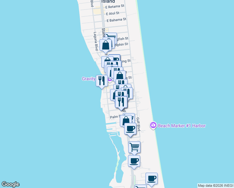 map of restaurants, bars, coffee shops, grocery stores, and more near 2111 Padre Boulevard in South Padre Island