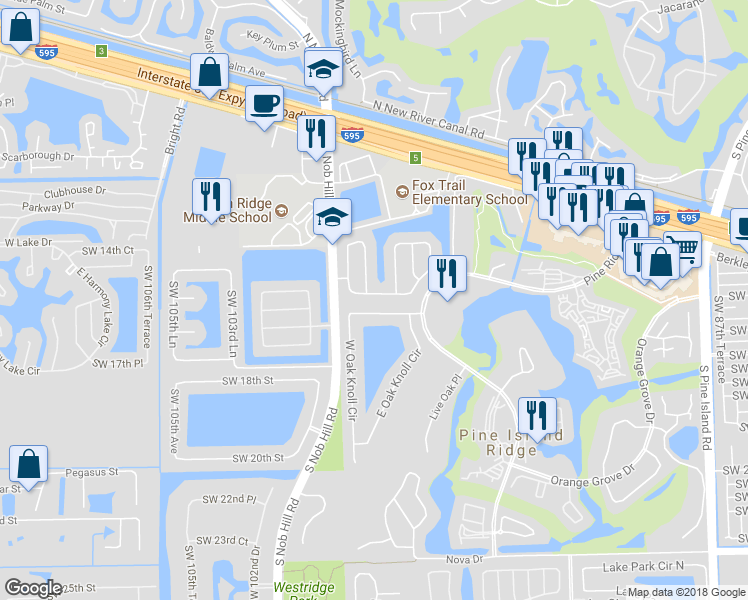 map of restaurants, bars, coffee shops, grocery stores, and more near 9770 Southwest 15th Drive in Plantation