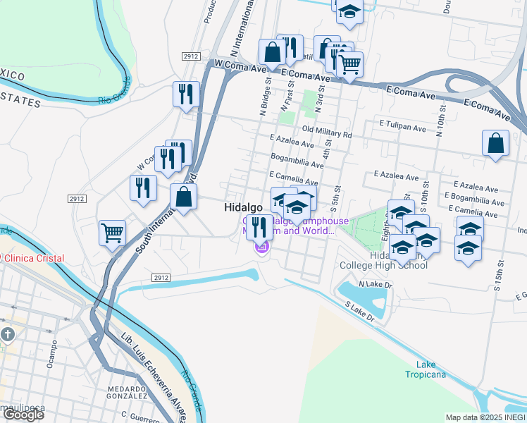 map of restaurants, bars, coffee shops, grocery stores, and more near 601 South 1st Street in Hidalgo