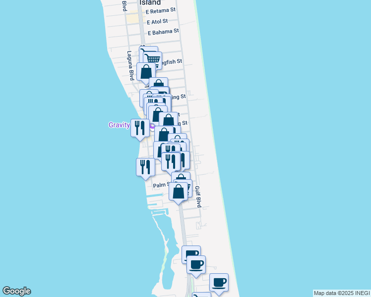 map of restaurants, bars, coffee shops, grocery stores, and more near 110 East Pompano Street in South Padre Island