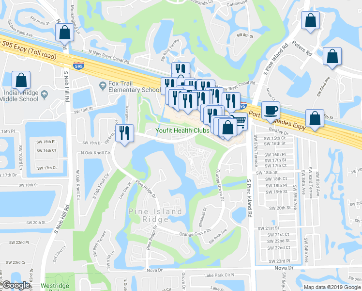 map of restaurants, bars, coffee shops, grocery stores, and more near 1510 White Hall Drive in Davie