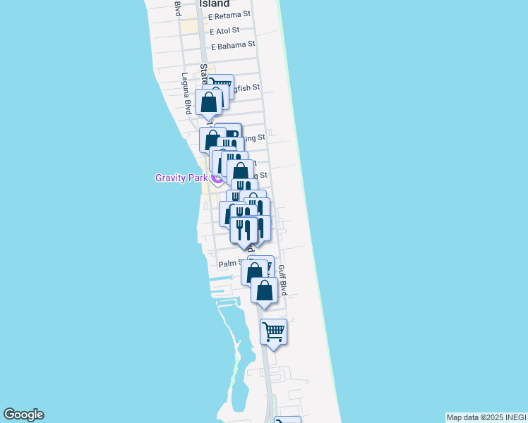 map of restaurants, bars, coffee shops, grocery stores, and more near 110 East Pompano Street in South Padre Island
