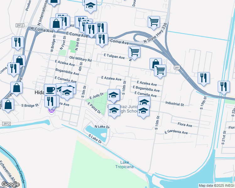 map of restaurants, bars, coffee shops, grocery stores, and more near 804 East Camelia Avenue in Hidalgo