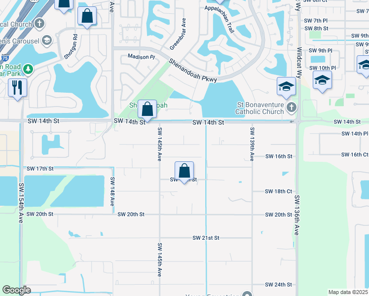 map of restaurants, bars, coffee shops, grocery stores, and more near 14330 Southwest 16th Street in Davie