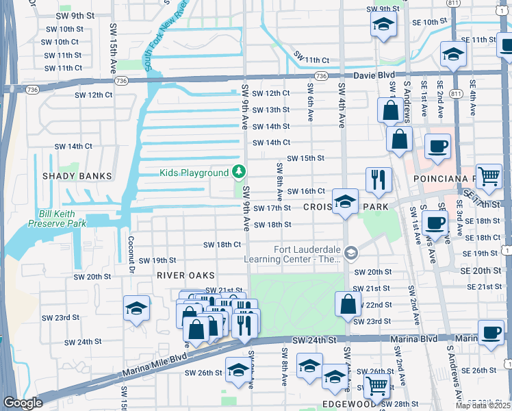 map of restaurants, bars, coffee shops, grocery stores, and more near 835 Southwest 17th Street in Fort Lauderdale