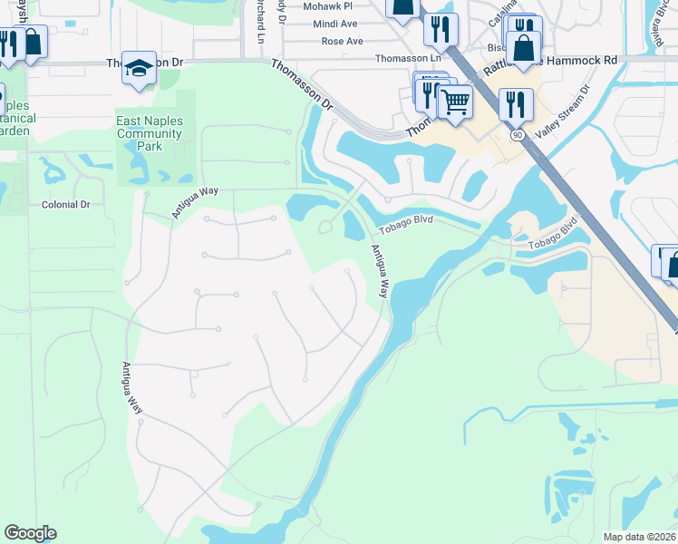 map of restaurants, bars, coffee shops, grocery stores, and more near 6487 Warwick Avenue in Naples
