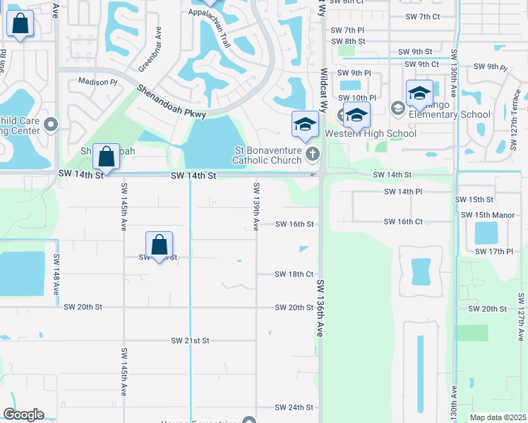 map of restaurants, bars, coffee shops, grocery stores, and more near 1570 Southwest 139th Avenue in Davie
