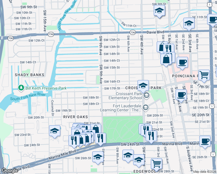 map of restaurants, bars, coffee shops, grocery stores, and more near 835 Southwest 17th Street in Fort Lauderdale