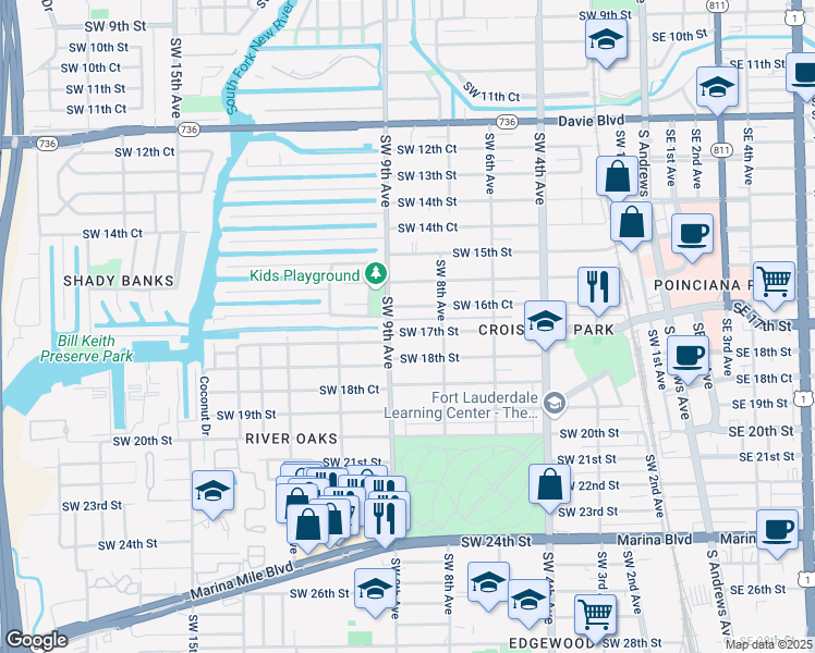 map of restaurants, bars, coffee shops, grocery stores, and more near 835 Southwest 17th Street in Fort Lauderdale