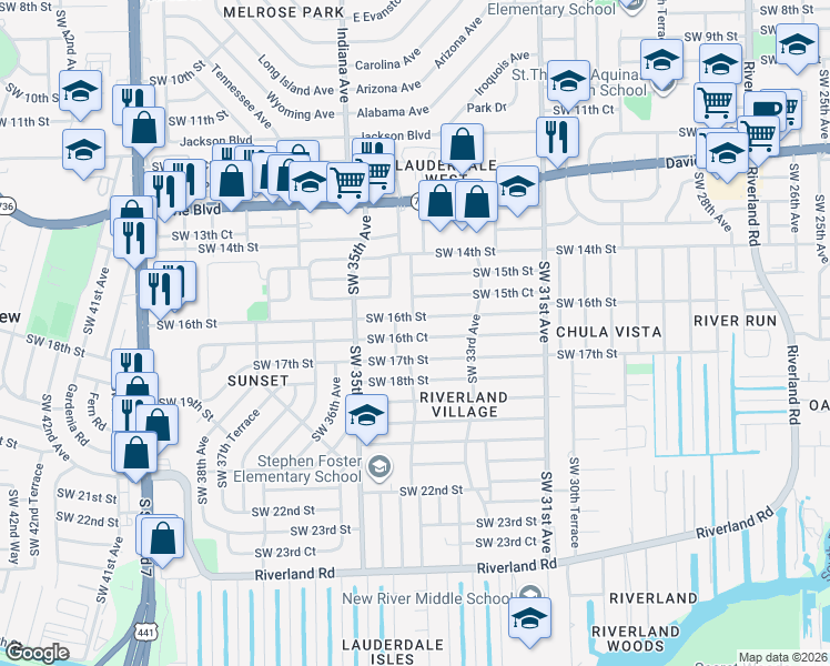 map of restaurants, bars, coffee shops, grocery stores, and more near 3366 Southwest 16th Court in Fort Lauderdale