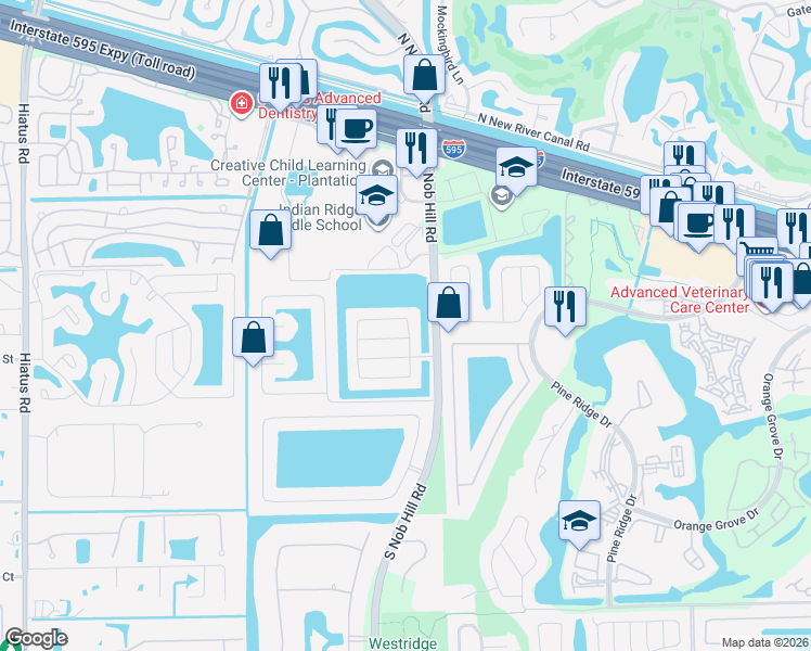 map of restaurants, bars, coffee shops, grocery stores, and more near 10071 Southwest 16th Court in Davie