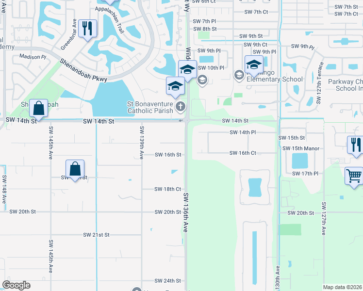 map of restaurants, bars, coffee shops, grocery stores, and more near 13621 Southwest 16th Street in Davie