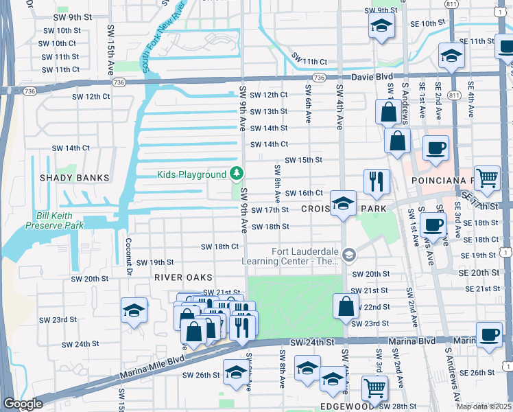 map of restaurants, bars, coffee shops, grocery stores, and more near 835 Southwest 17th Street in Fort Lauderdale
