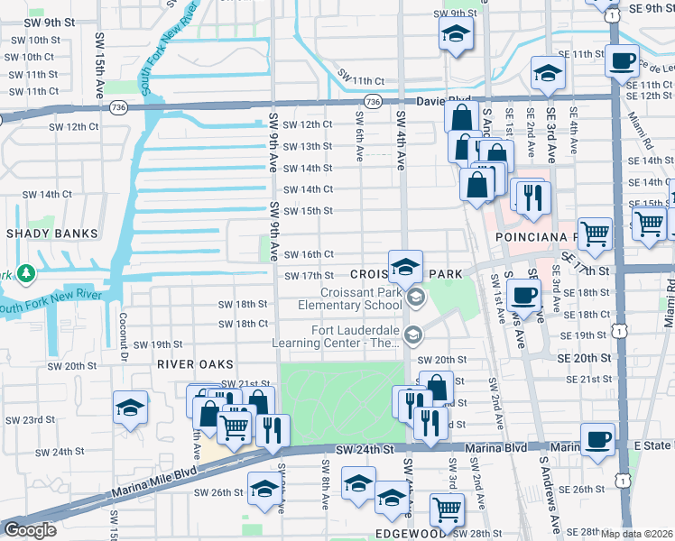 map of restaurants, bars, coffee shops, grocery stores, and more near 608 Southwest 17th Street in Fort Lauderdale