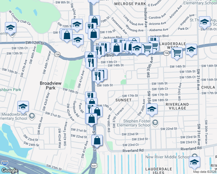 map of restaurants, bars, coffee shops, grocery stores, and more near 3785 Southwest 16th Court in Fort Lauderdale