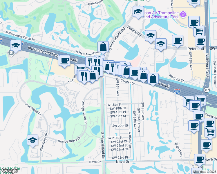 map of restaurants, bars, coffee shops, grocery stores, and more near 8724 Southwest 16th Street in Davie