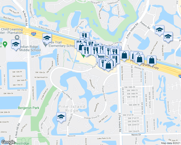 map of restaurants, bars, coffee shops, grocery stores, and more near 1530 Whitehall Drive in Davie