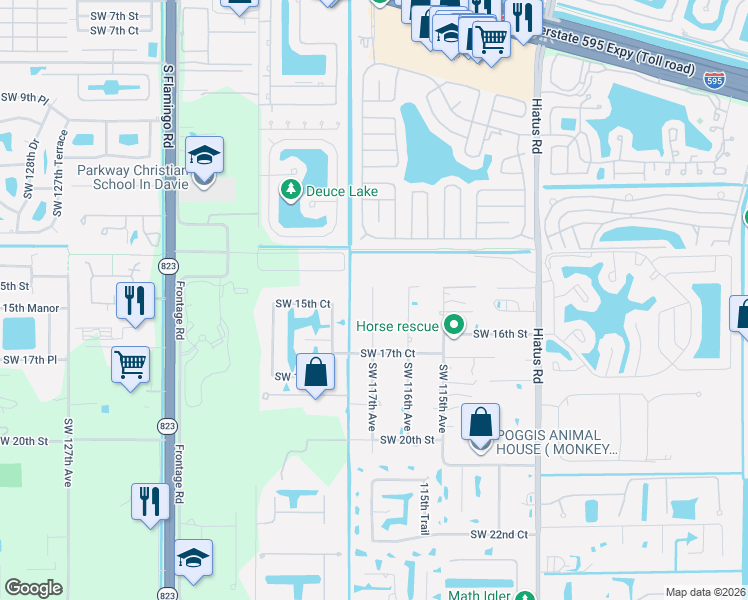 map of restaurants, bars, coffee shops, grocery stores, and more near 1621 Southwest 117th Avenue in Davie