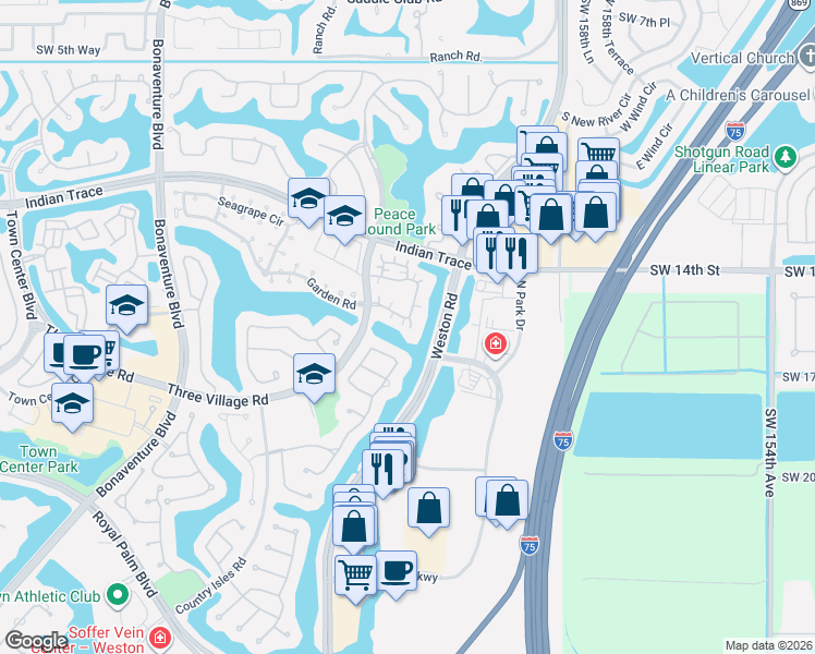 map of restaurants, bars, coffee shops, grocery stores, and more near 1530 Springside Terrace in Weston