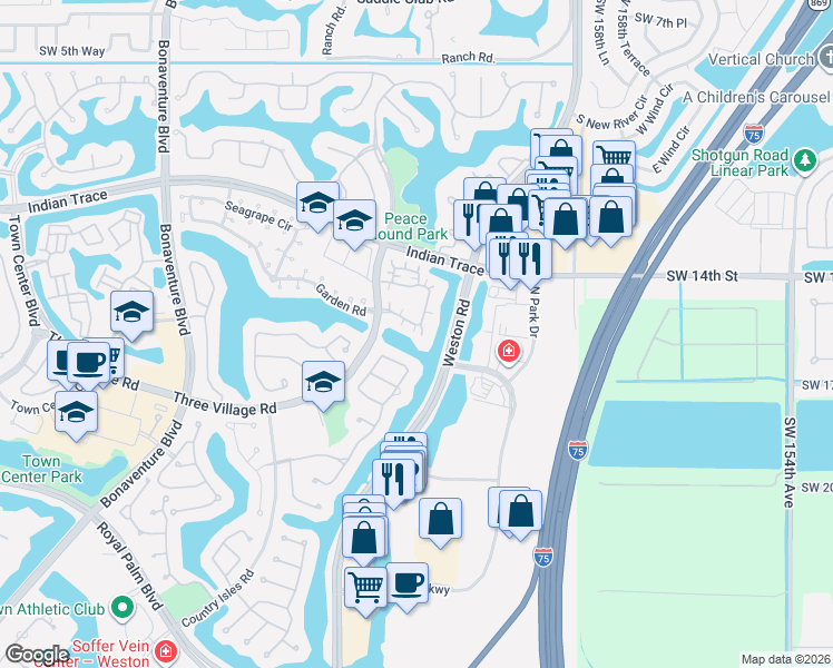 map of restaurants, bars, coffee shops, grocery stores, and more near 1530 Springside Terrace in Weston