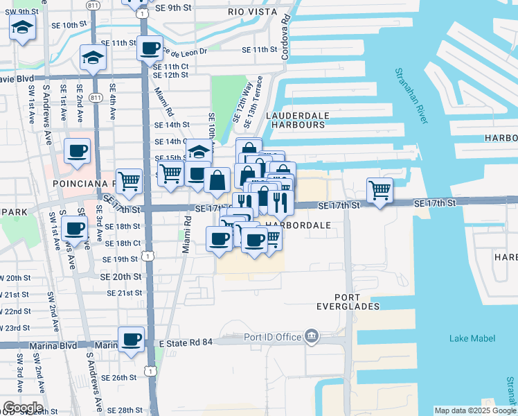 map of restaurants, bars, coffee shops, grocery stores, and more near 1304 Southeast 17th Street in Fort Lauderdale