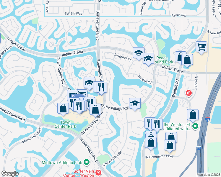map of restaurants, bars, coffee shops, grocery stores, and more near 1560 Harbour Side Drive in Weston