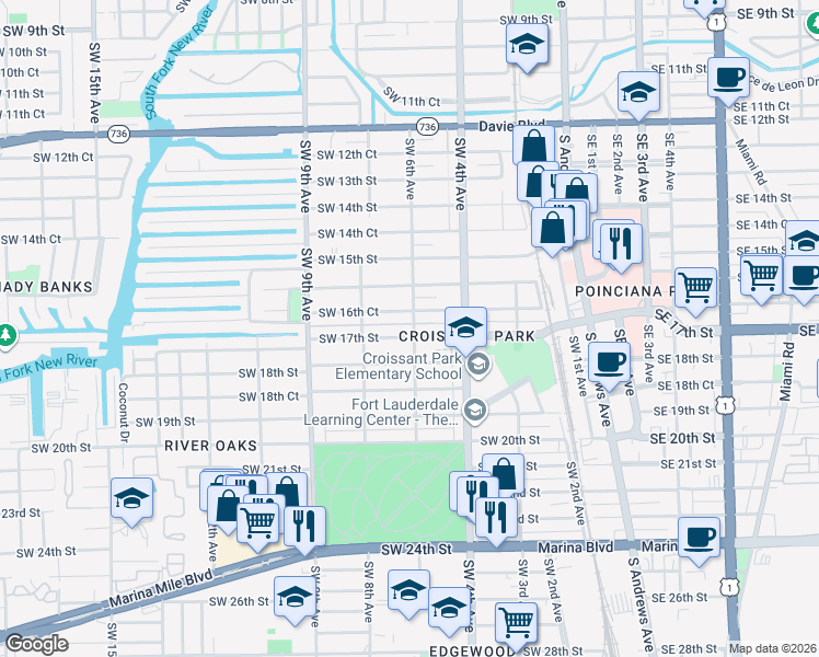 map of restaurants, bars, coffee shops, grocery stores, and more near 608 Southwest 17th Street in Fort Lauderdale