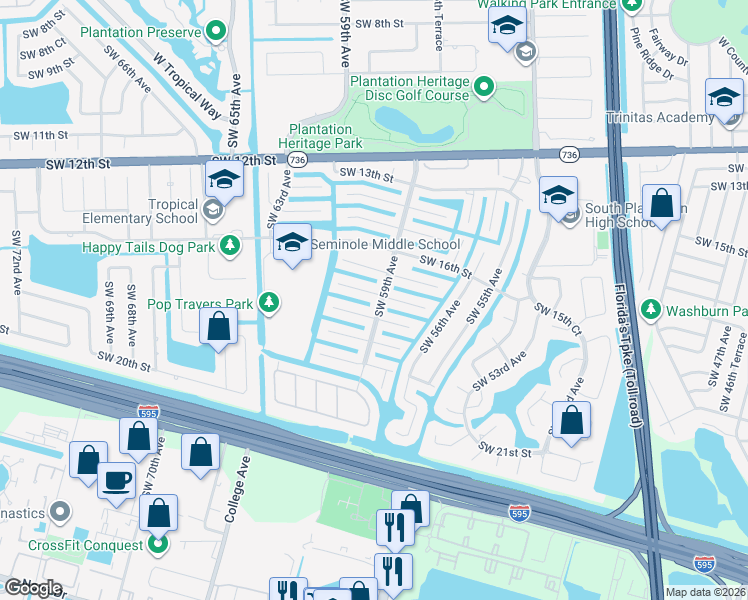 map of restaurants, bars, coffee shops, grocery stores, and more near 5900 Southwest 17th Street in Plantation