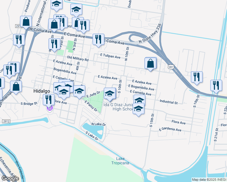 map of restaurants, bars, coffee shops, grocery stores, and more near 804 East Camelia Avenue in Hidalgo