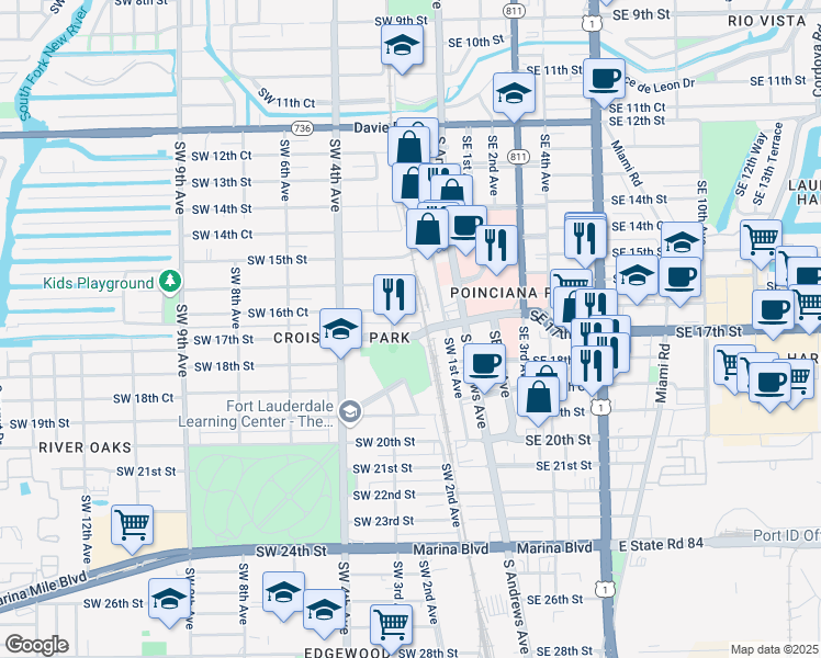 map of restaurants, bars, coffee shops, grocery stores, and more near 1717 Southwest 1st Avenue in Fort Lauderdale