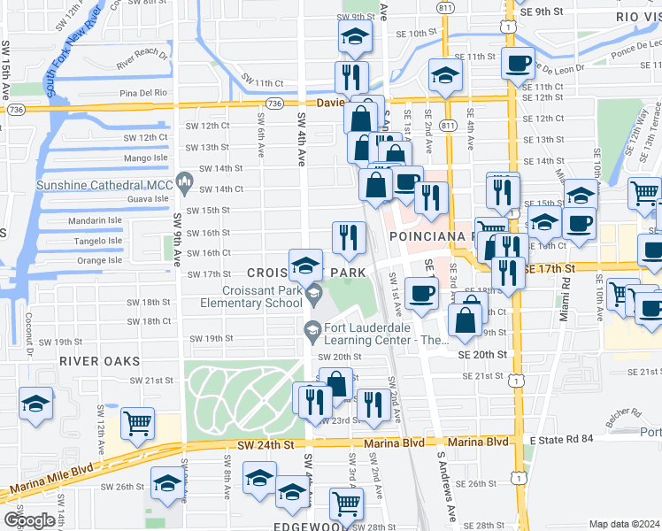 map of restaurants, bars, coffee shops, grocery stores, and more near 321 Southwest 17th Street in Fort Lauderdale