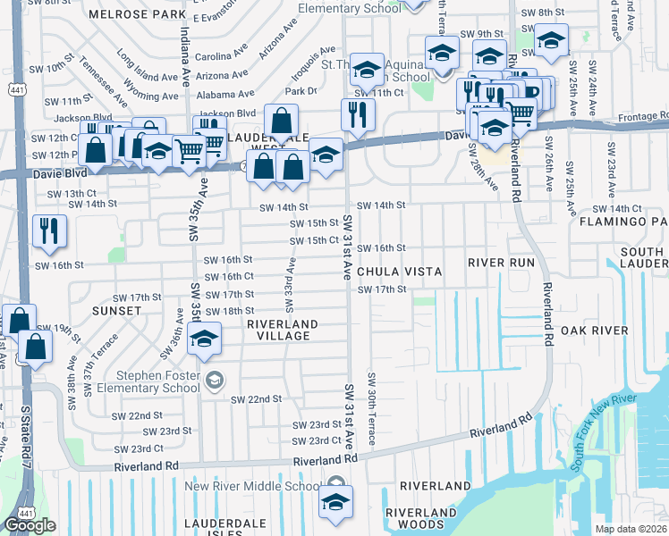 map of restaurants, bars, coffee shops, grocery stores, and more near 3121 Southwest 16th Court in Fort Lauderdale