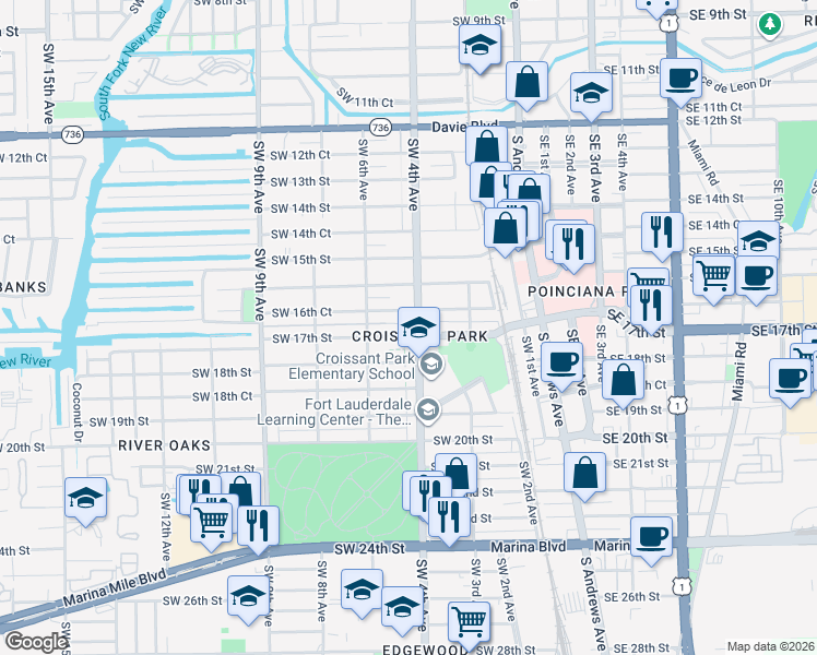 map of restaurants, bars, coffee shops, grocery stores, and more near 1641 Southwest 4th Avenue in Fort Lauderdale