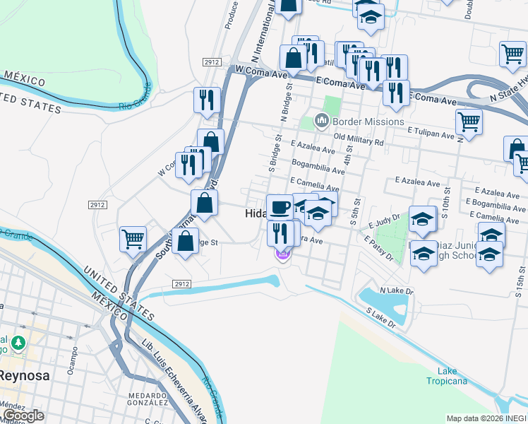 map of restaurants, bars, coffee shops, grocery stores, and more near in Hidalgo