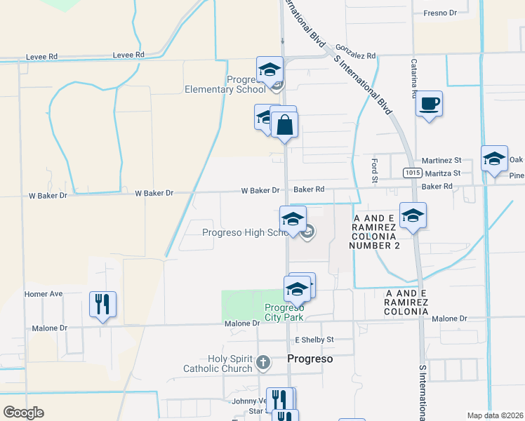 map of restaurants, bars, coffee shops, grocery stores, and more near 216 J R Becerra Avenue in Progreso