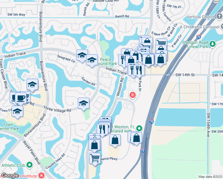 map of restaurants, bars, coffee shops, grocery stores, and more near 1512 Springside Drive in Weston