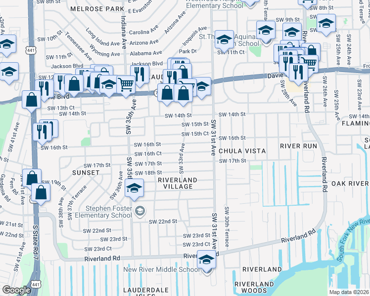 map of restaurants, bars, coffee shops, grocery stores, and more near 1610 Southwest 33rd Avenue in Fort Lauderdale
