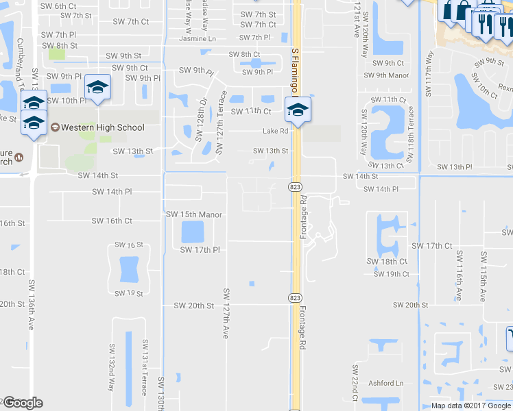 map of restaurants, bars, coffee shops, grocery stores, and more near 12545 Southwest 15th Manor in Davie