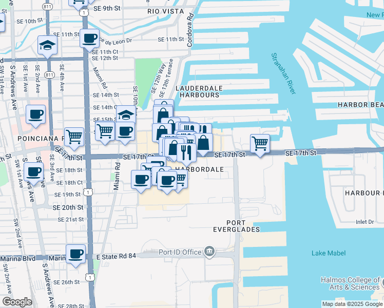 map of restaurants, bars, coffee shops, grocery stores, and more near 1428 Southeast 17th Street in Fort Lauderdale